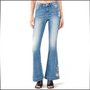 Miss Me High Rise Flare Floral Stretch Wide Leg Denim Embroidered Women’s 30T